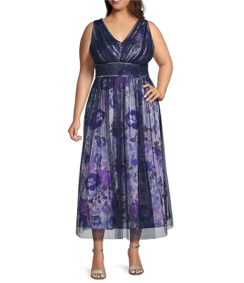Livia Jolie by Le Bos Plus Size V-Neck Sleeveless Mesh Overlay A-Line Gown