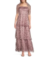 Livia Jolie by Le Bos Strapless Sleeveless 3D Floral 2 Piece Scarf and Tiered A-Line Dress
