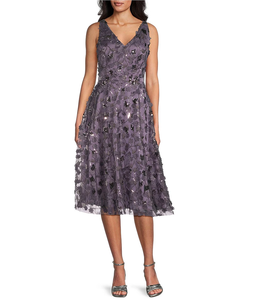 Livia Jolie by Le Bos V-Neck Sleeveless 3D Floral Applique with Sequin A-Line Midi Dress