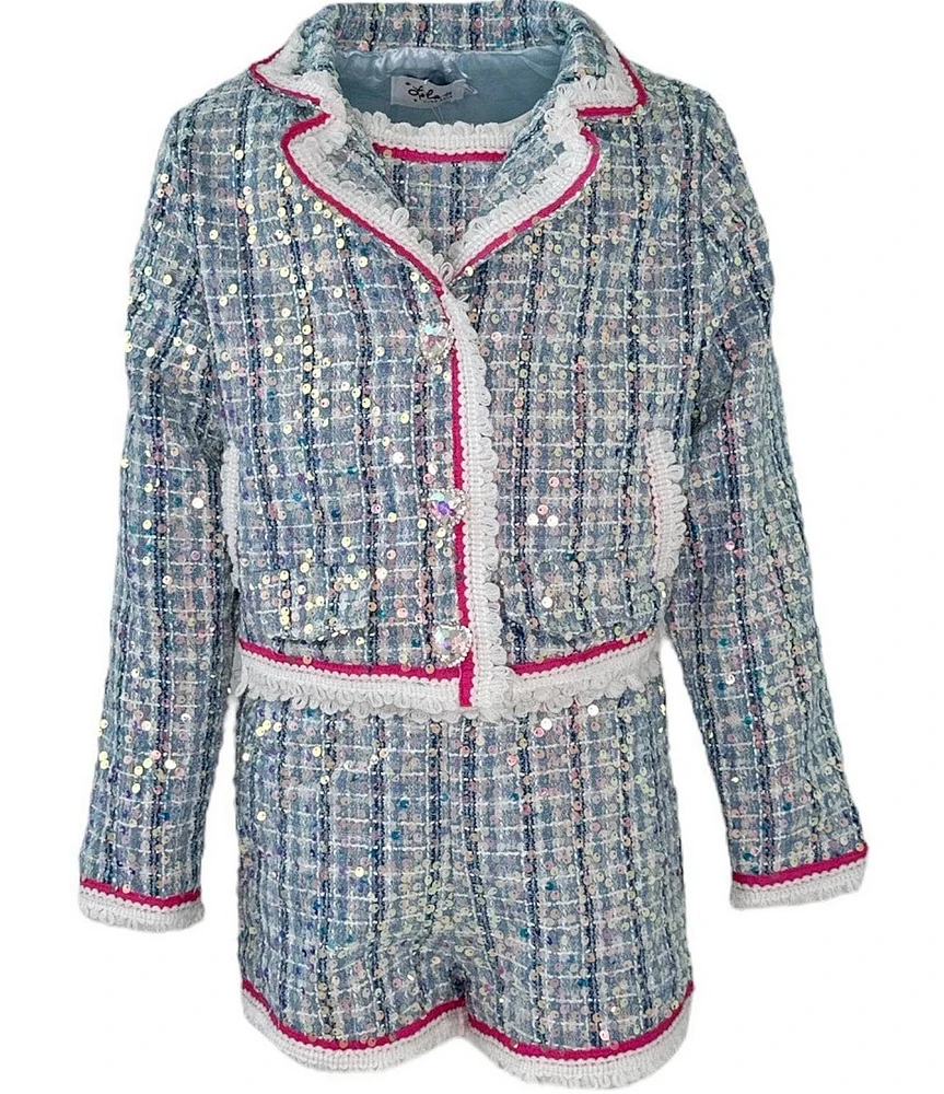 Lola + The Boys Little/Big Girls Sequin Boucle Long Sleeve Jacket, Tank Top, & Matching Shorts 3-Piece Set