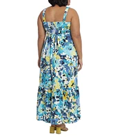 London Times Plus Size Floral Print Sleeveless Square Neck Smocked Back Cotton Tiered Maxi Dress