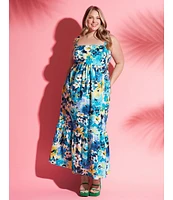 London Times Plus Size Floral Print Sleeveless Square Neck Smocked Back Cotton Tiered Maxi Dress