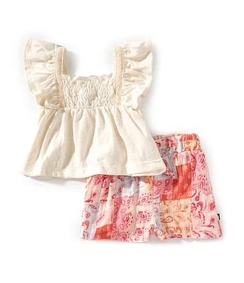 Lucky Brand Baby Girls 12-24 Months Flutter-Sleeve Solid Top & Patchwork-Printed Shorts Set