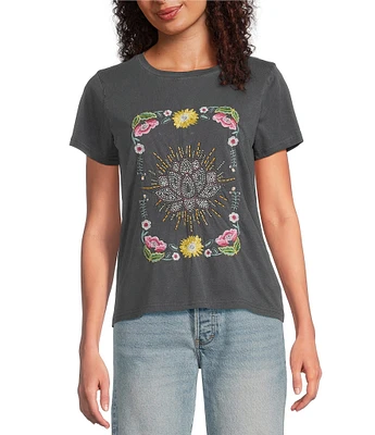 Lucky Brand Beaded Lotus Crew Neck Short Sleeve Tee Shirt