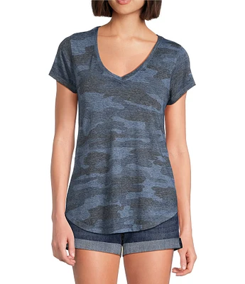 Lucky Brand Camo V Neckline Short Sleeve Tee Shirt