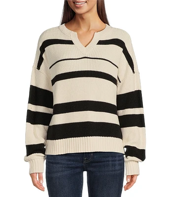 Lucky Brand Cashmere Stripe Print Split V-Neck Long Sleeve Pullover Sweater