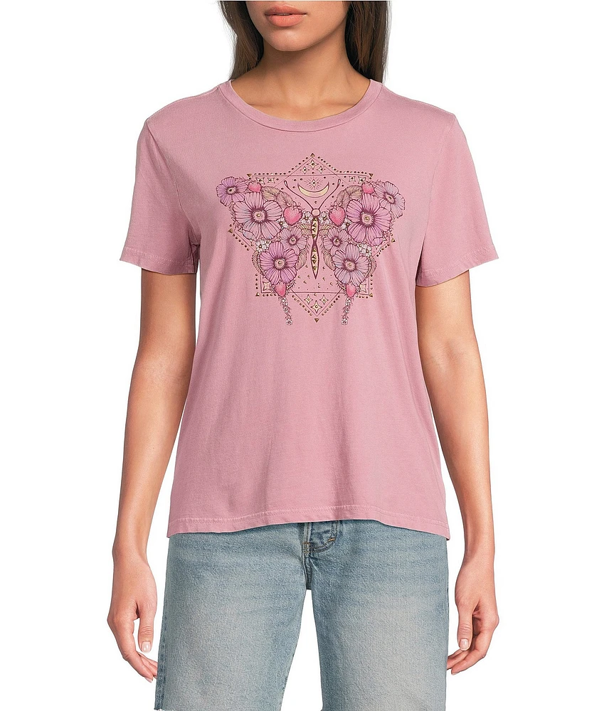 Lucky Brand Celestial Floral Butterfly Crew Neck Short Sleeve Tee Shirt