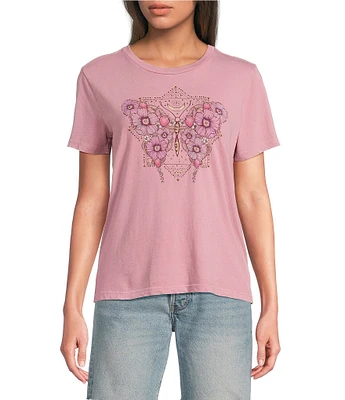 Lucky Brand Celestial Floral Butterfly Crew Neck Short Sleeve Tee Shirt