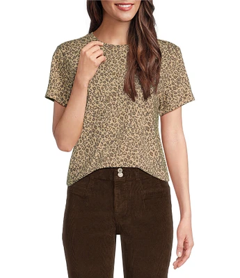 Lucky Brand Classic Crew Neck Short Sleeve Leopard Print Top