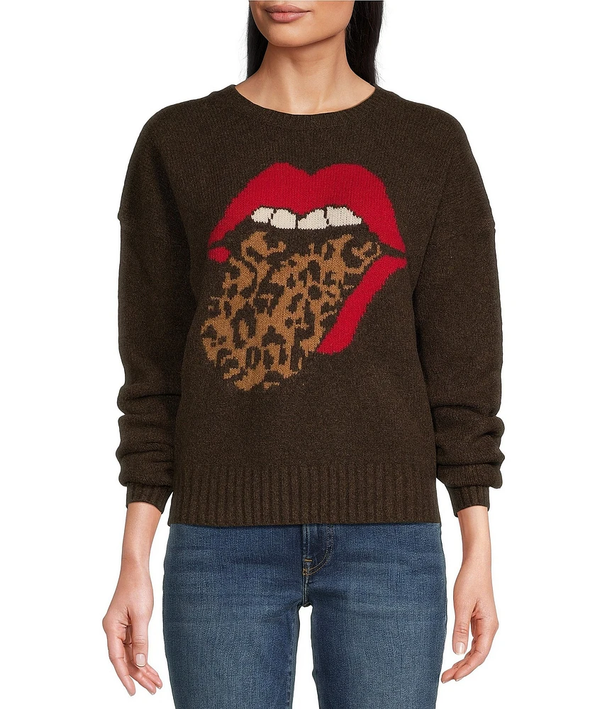 Lucky Brand Cloudsoft Knit Rolling Stones Leopard Print Pullover Sweater