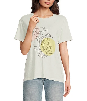 Lucky Brand El Sol Crew Neck Short Sleeve Knit Boyfriend Front Graphic Tee Shirt
