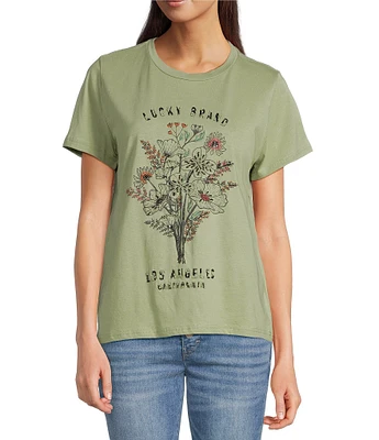 Lucky Brand Embellished Floral Knit Crew Neck Short Sleeve Tee Shirt