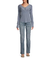 Lucky Brand Embroidered Mesh Yoke V-Neck Long Sleeve Relaxed Henley Top