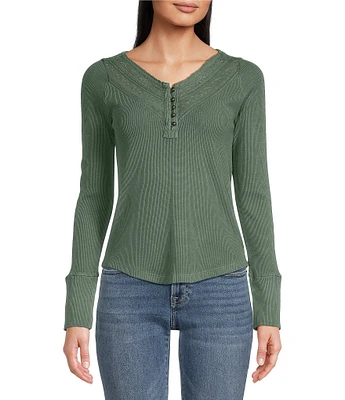 Lucky Brand Embroidered Mesh Yoke V-Neck Long Sleeve Relaxed Henley Top