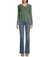 Lucky Brand Embroidered Mesh Yoke V-Neck Long Sleeve Relaxed Henley Top