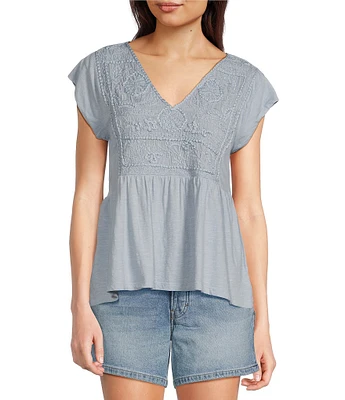 Lucky Brand Embroidered Sleeveless V-Neck Babydoll Top