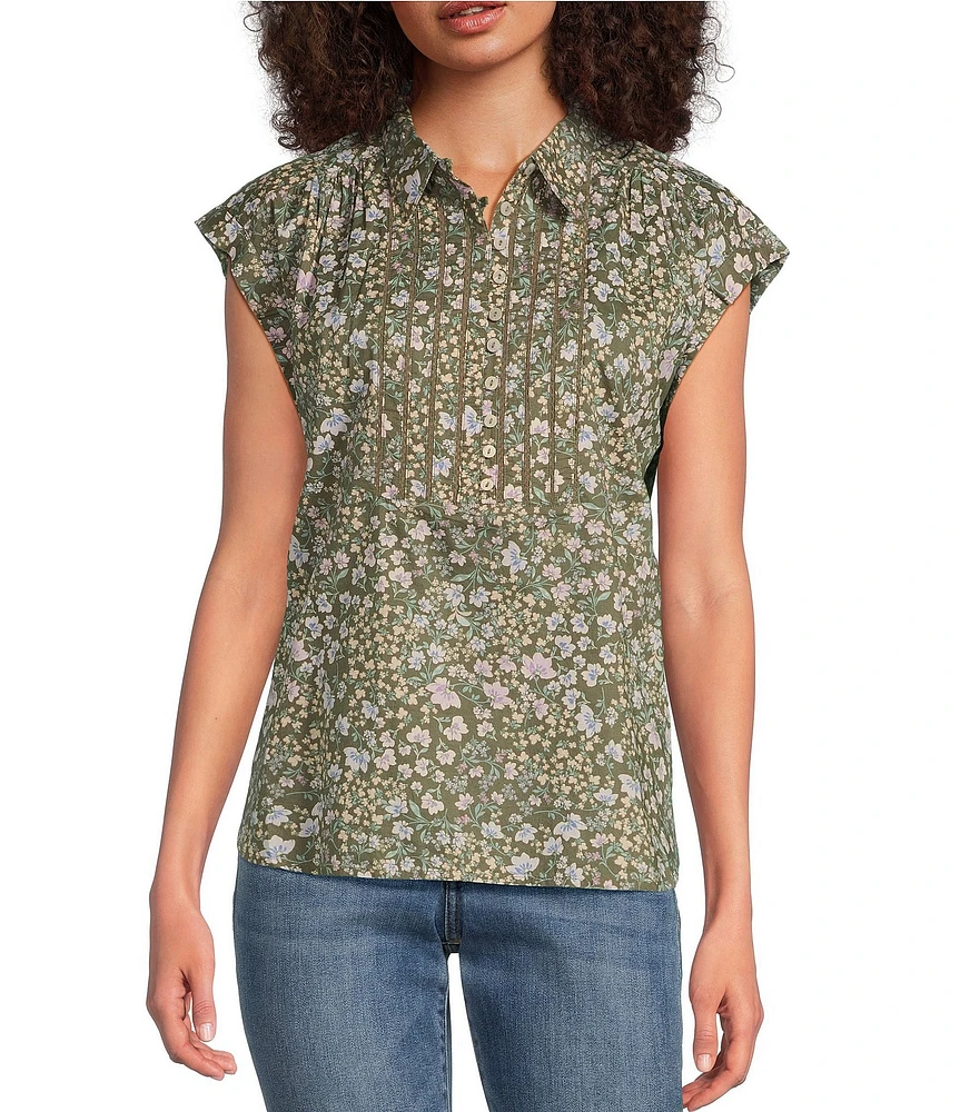 Lucky Brand Floral Point Collar Cap Sleeve Blouse