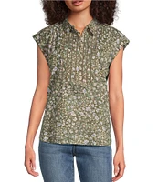Lucky Brand Floral Point Collar Cap Sleeve Blouse