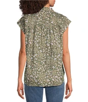 Lucky Brand Floral Point Collar Cap Sleeve Blouse