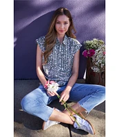 Lucky Brand Floral Point Collar Cap Sleeve Blouse