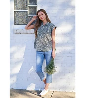 Lucky Brand Floral Point Collar Cap Sleeve Blouse