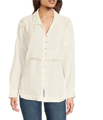 Lucky Brand Gauze Lace Trim Spread Collar Long Sleeve Button-Front Shirt