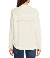 Lucky Brand Gauze Lace Trim Spread Collar Long Sleeve Button-Front Shirt