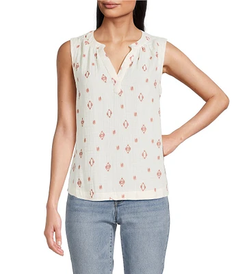Lucky Brand Gauze Split V-Neck Geo Print Popover Shirt