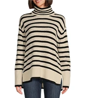 Lucky Brand Horizontal Stripe Side Slit Mock Neck Long Sleeve Sweater