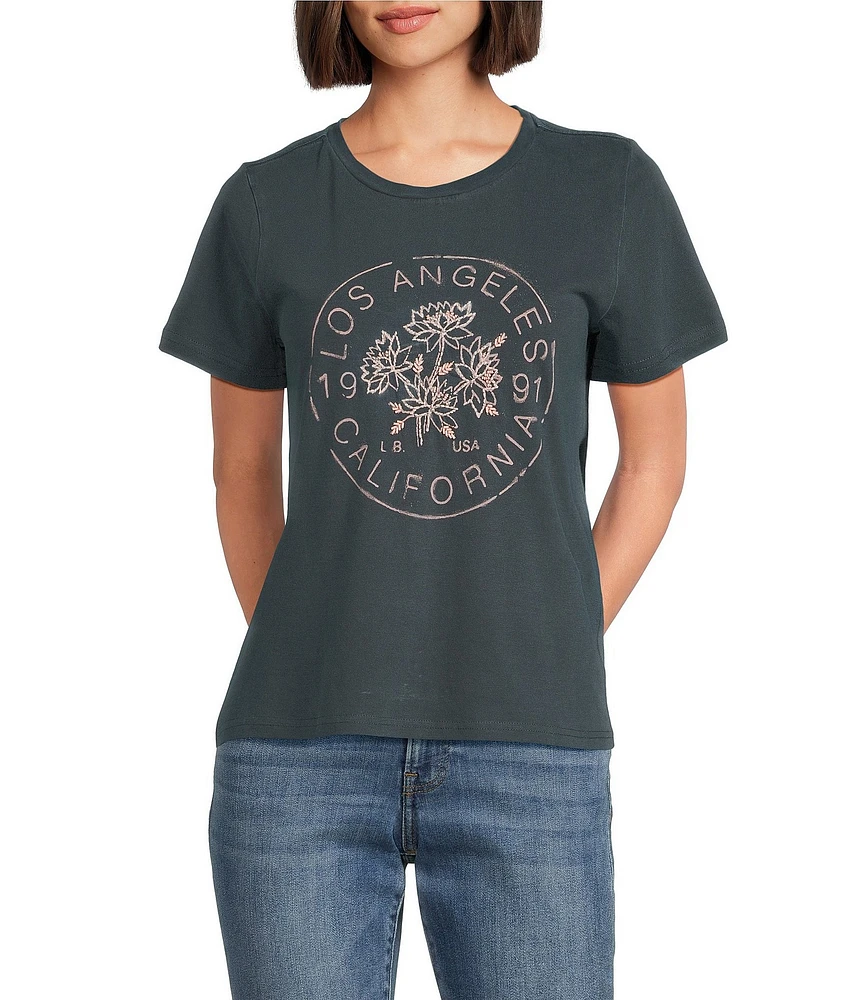 Lucky Brand Knit Graphic Print Crew Neck Short Sleeve Tee Shirt