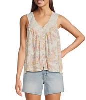 Lucky Brand Knit Printed V-Neck Sleeveless Lace Trim Top
