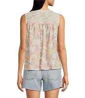 Lucky Brand Knit Printed V-Neck Sleeveless Lace Trim Top