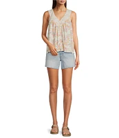 Lucky Brand Knit Printed V-Neck Sleeveless Lace Trim Top