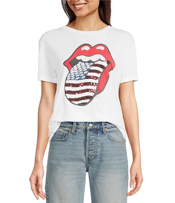 Lucky Brand Knit Rolling Stones Floral Graphic Crew Neck Short Sleeve Tee