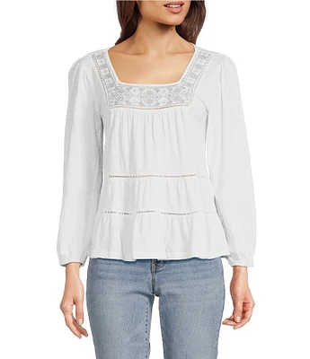 Lucky Brand Lace Square Neck Long Sleeve Embroidered Tiered Top
