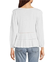 Lucky Brand Lace Square Neck Long Sleeve Embroidered Tiered Top