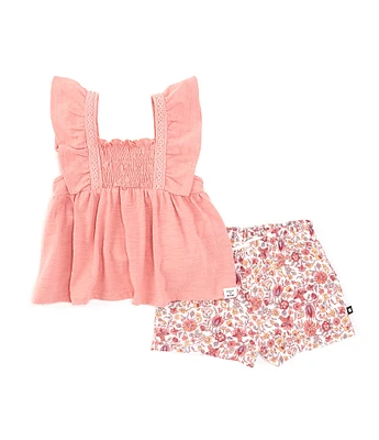 Lucky Brand Little Girls 2T-6X Flutter Sleeve Crocheted-Trimmed Slub Jersey Tunic & Floral-Printed Muslin Shorts Set