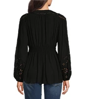 Lucky Brand Ott Cutwork Smocked V-Neck Long Sleeve Top