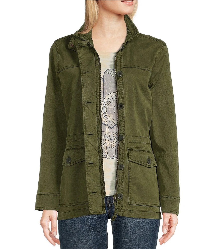 Lucky Brand Point Collar Long Sleeve Drawstring Waist Patch Pocket Button Front Utility Jacket
