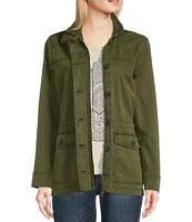 Lucky Brand Point Collar Long Sleeve Drawstring Waist Patch Pocket Button Front Utility Jacket