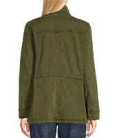 Lucky Brand Point Collar Long Sleeve Drawstring Waist Patch Pocket Button Front Utility Jacket