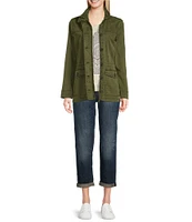 Lucky Brand Point Collar Long Sleeve Drawstring Waist Patch Pocket Button Front Utility Jacket