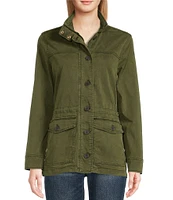 Lucky Brand Point Collar Long Sleeve Drawstring Waist Patch Pocket Button Front Utility Jacket