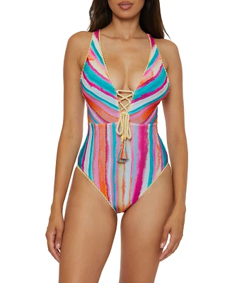 Lucky Brand Porto Covo Water Color Placement Print Plunge One Piece Swimsuit