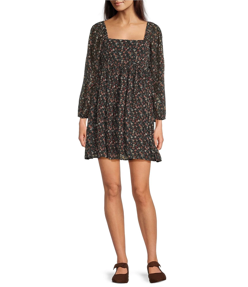 Lucky Brand Printed Square Neck Long Sleeve Mini Dress