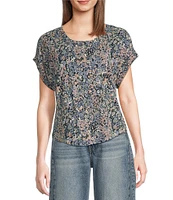 Lucky Brand Sandwash Floral Print Crew Neck Dolman Short Sleeve Tee