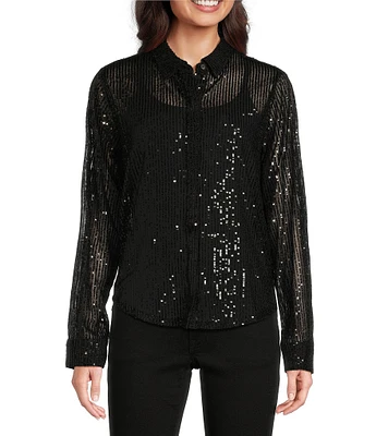 Lucky Brand Sequin Point Collar Long Sleeve Button Down Shirt