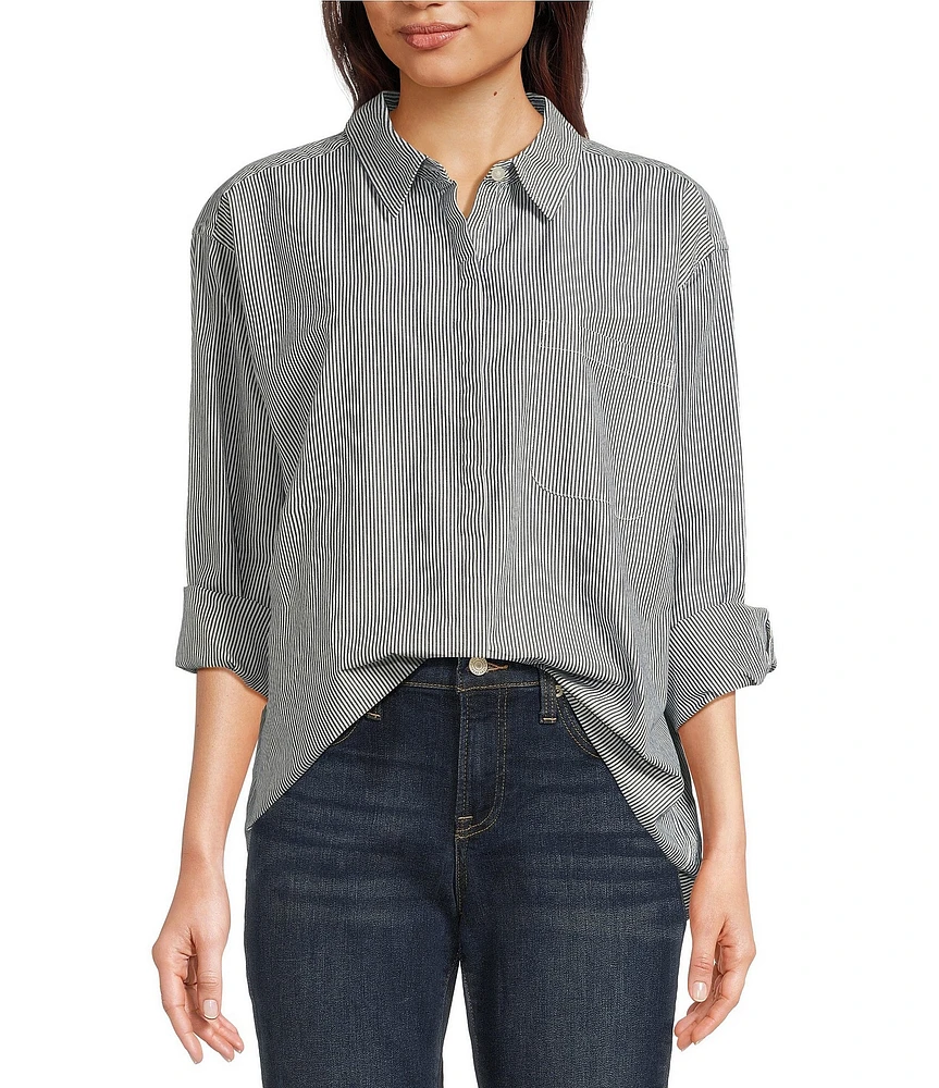 Lucky Brand Stripe Point Collar Long Sleeve Button-Front Oversized Shirt