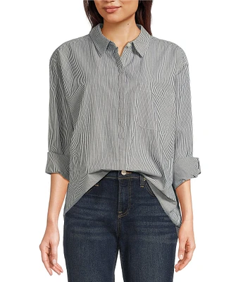 Lucky Brand Stripe Point Collar Long Sleeve Button-Front Oversized Shirt
