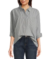 Lucky Brand Stripe Point Collar Long Sleeve Button-Front Oversized Shirt